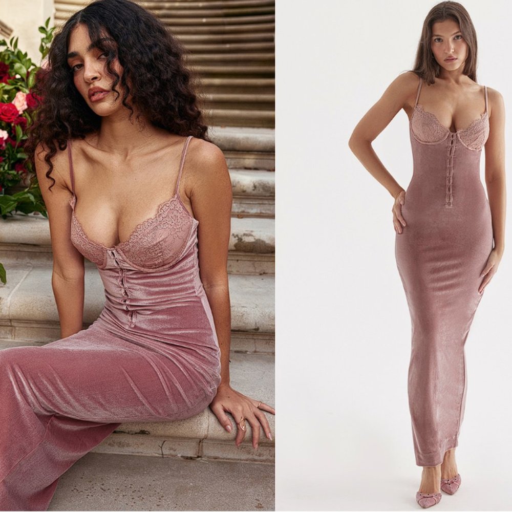 HOUSE OF CB 'Azalea' Soft Pink Velvet Maxi Dress NWOT